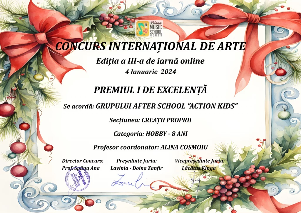 Imagine cu diploma obținută de elevii Action Kids la concursul internațional de arte pentru copii